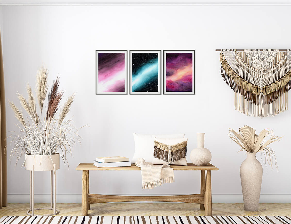 3 Galaxy Watercolour Paintings on Boho Minimalist Wall