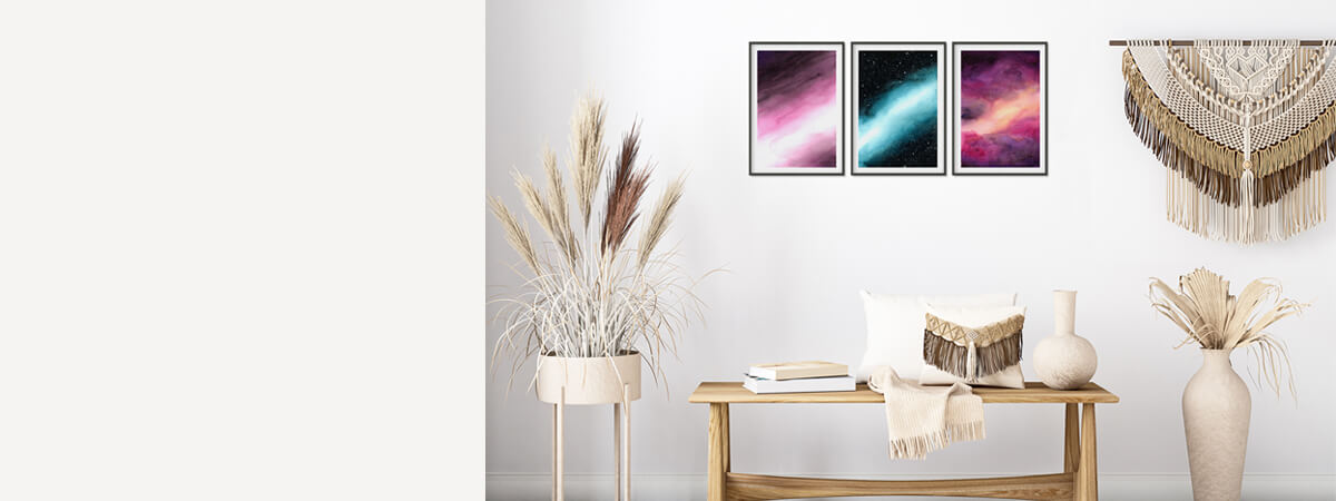 3 Galaxy Watercolour Paintings on Boho Minimalist Wall