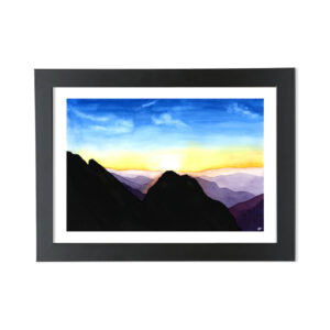 Mountains At Sunrise A4 A5 Fine Art Giclee Print in Smooth Black Matt Frame from high-quality solid wood