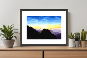 Mountain Sunrise - Original Watercolour by Dannie Mac Art - A4 Art Inspiring Wild Nature Freedom - Framed Mockup