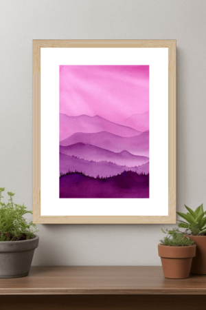 Misty Mountains - Original Watercolour by Dannie Mac Art - A4 Peaceful Mountains Art Inspiring - Framed Mockup