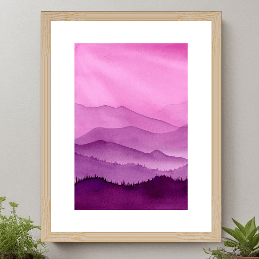 Misty Mountains Original Framed and Mounted Mockup - Dannie Mac Art - Peaceful Watercolour Soothing Mountains at Dawn