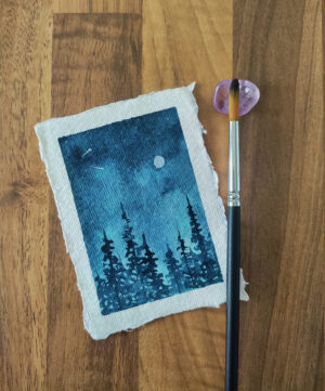 Flatlay Moonlit Forest Original Mini by Dannie Mac Art - A7 Cotton Rag - Tall Pine Trees in the Moonlight under the Full Moon and Shooting Stars